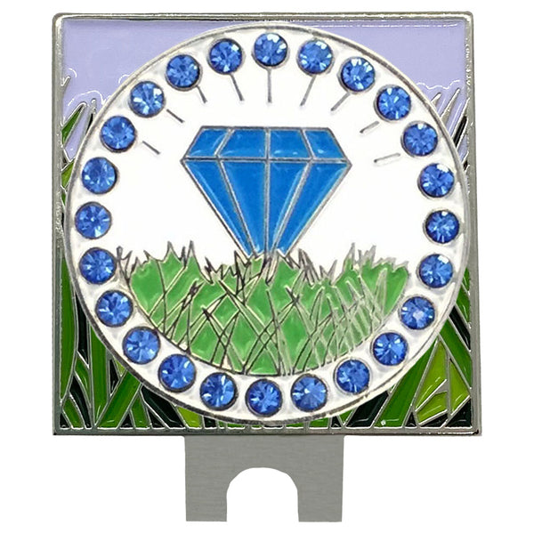 bling blue diamond in the rough golf ball marker with a rough (grass) hat clip