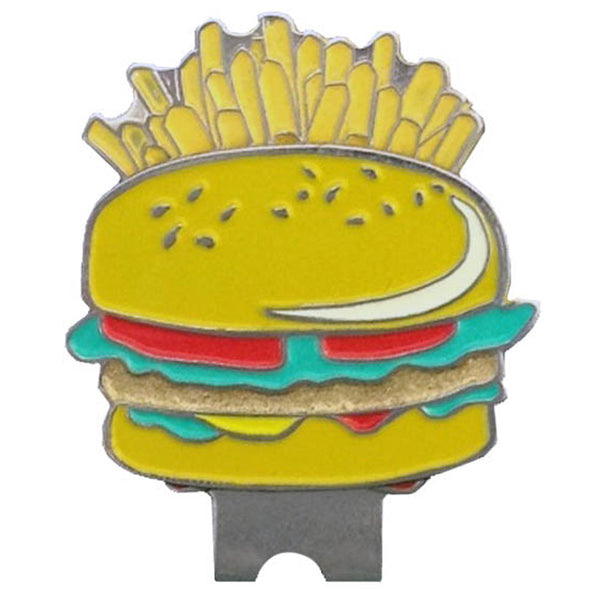 hamburger shaped golf ball marker on a fries shaped magnetic hat clip