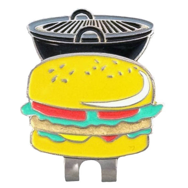 hamburger shaped golf ball marker on a black bbq shaped hat clip