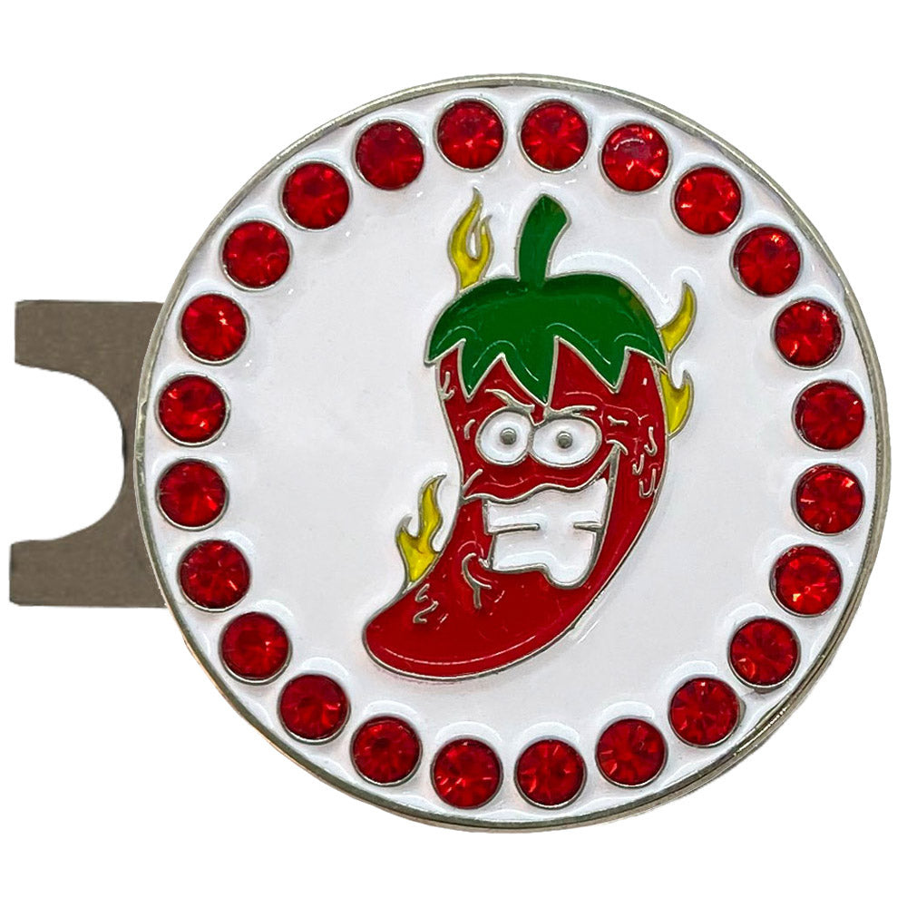 Red chili pepper golf ball marker on white background. Female golfers love the flames and red crystals on this spicy design.