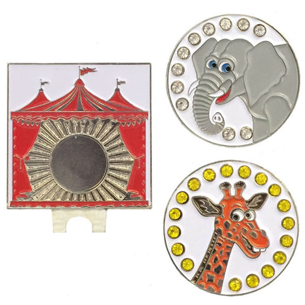 a circus tent hat clip with a bling elephant and a bling giraffe golf ball marker