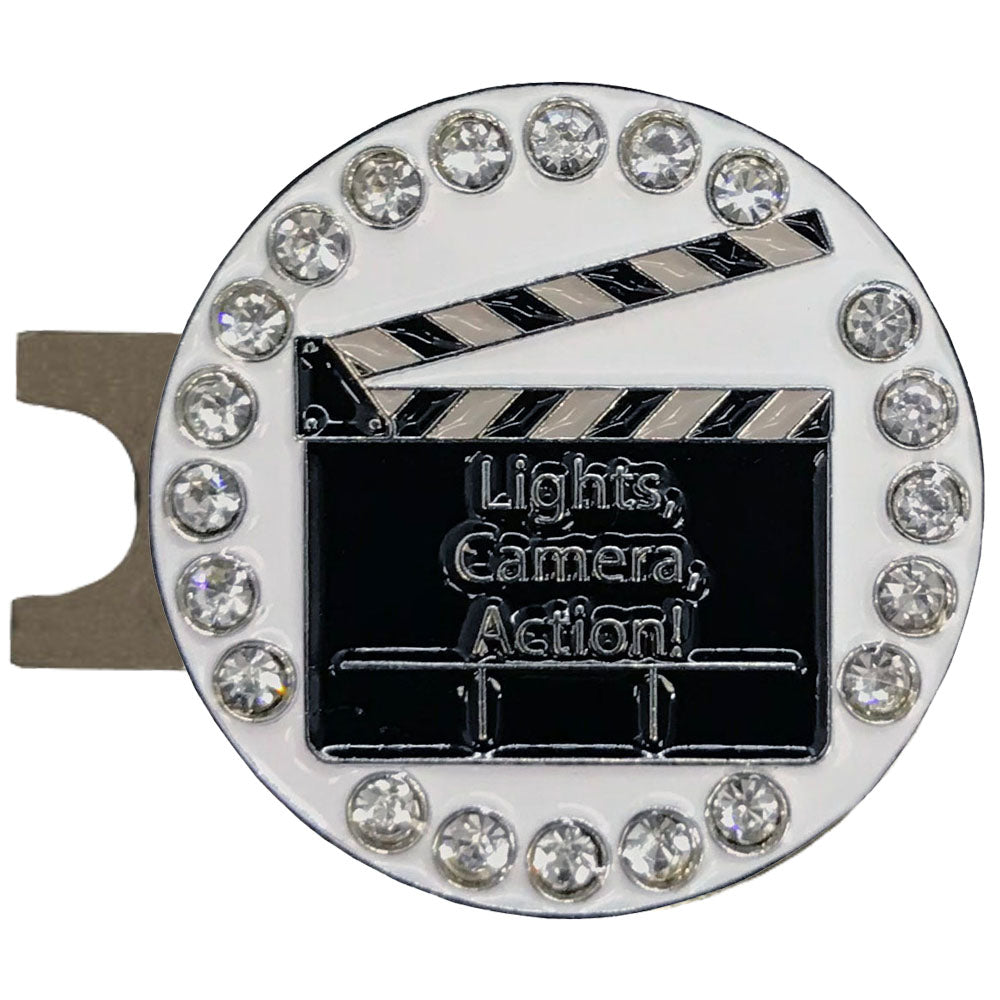 Clapboard golf ball marker with crystal accents, white background. This blockbuster design is ideal for women golfers 