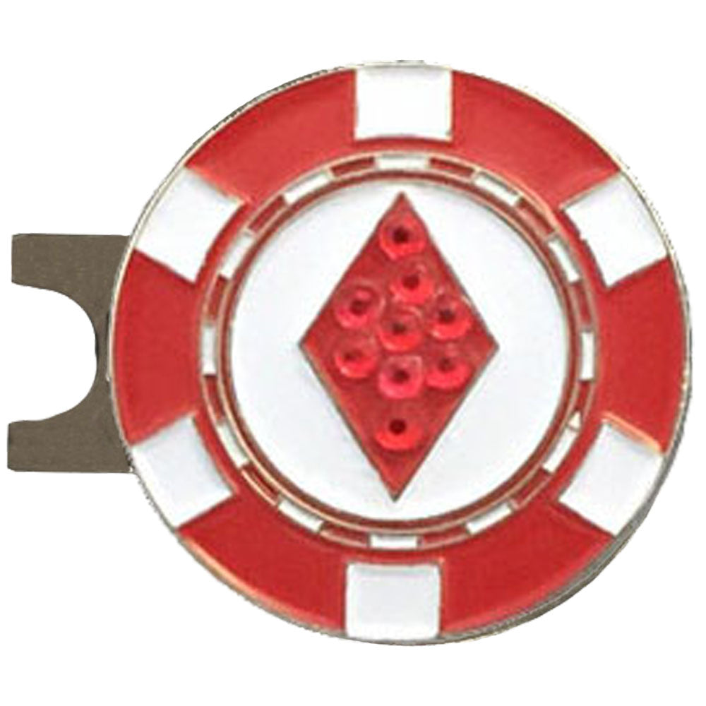 bling red and white poker chip design with a red diamond on a magnetic hat clip