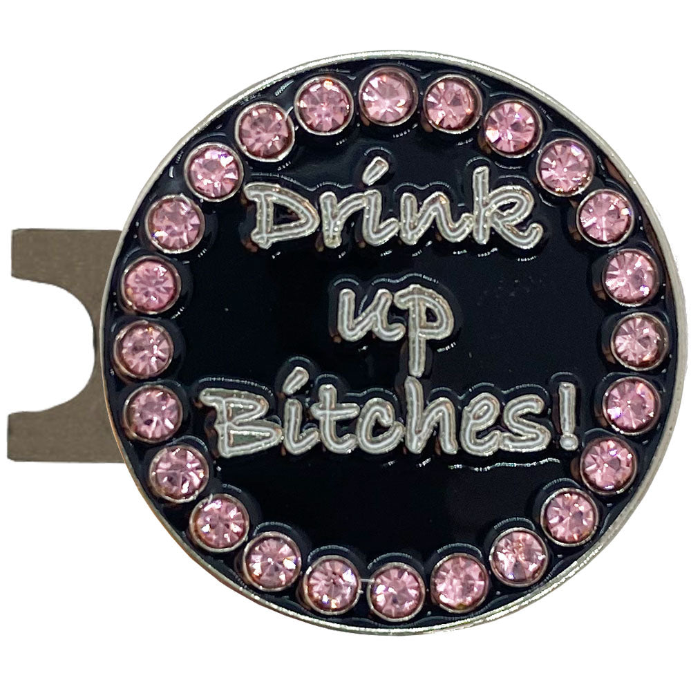 White Drink Up on a black marker with pink crystal accents. A fun and sassy design for women golfers