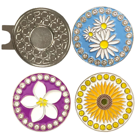 flower ball marker pack one hat clip with one daisies, one plumeria, and one sunflower golf ball maker