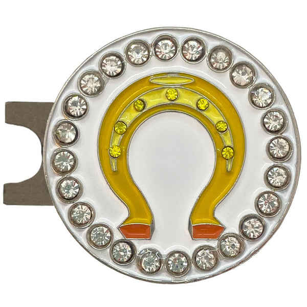 bling yellow horseshoe golf ball marker on a hat clip