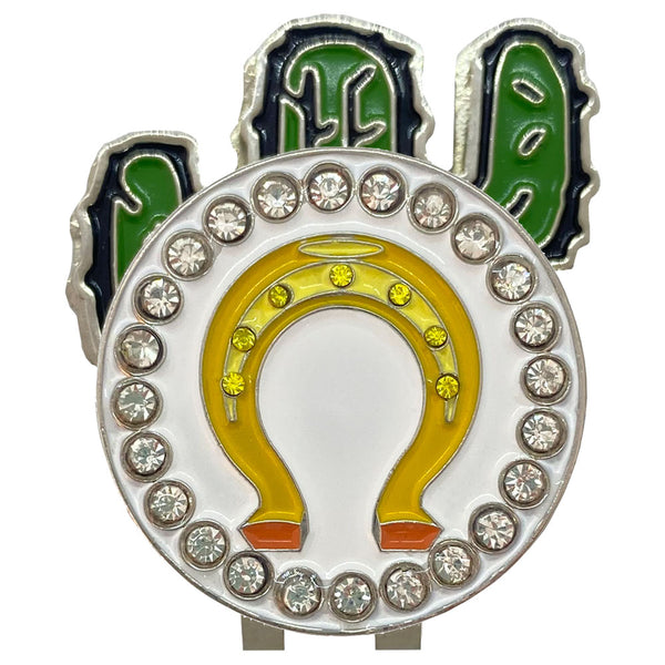bling horseshoe golf ball marker on a magnetic green cactus shaped hat clip