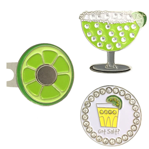 a magnetic lime hat clip with a bling margarita and a bling tequila shot golf ball marker