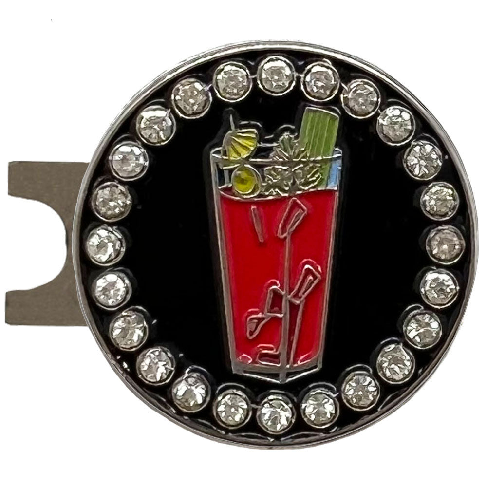 Red Bloody Mary drink on a black background. Crystal accents complete this stylish design. Wonderful for female golfers.