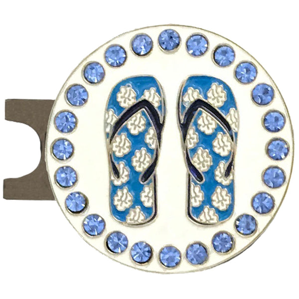 blue and white flip flops golf ball marker with magnetic hat clip