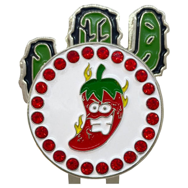 bling red chili pepper golf ball marker on a magnetic catus shaped hat clip
