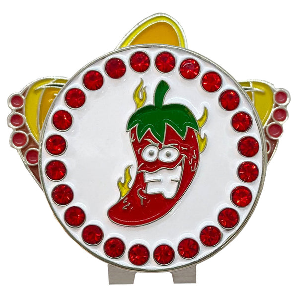 bling red chili pepper golf ball marker with a magnetic sombrero shaped hat clip