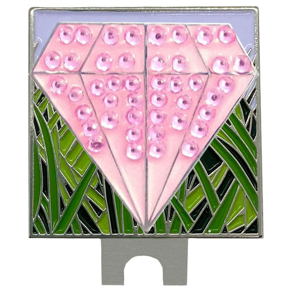 bling pink diamond shaped golf ball marker on a rough (grass) hat clip