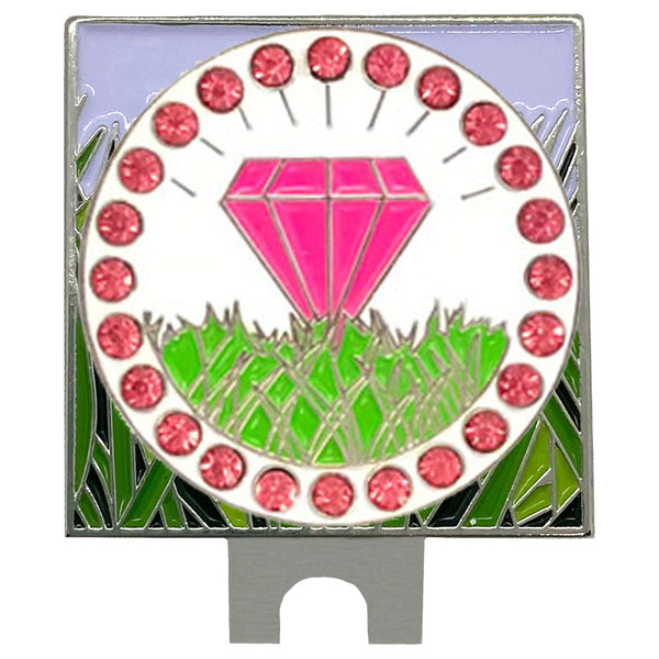 bling pink diamond in the rough golf ball marker on a rough (grass) hat clip