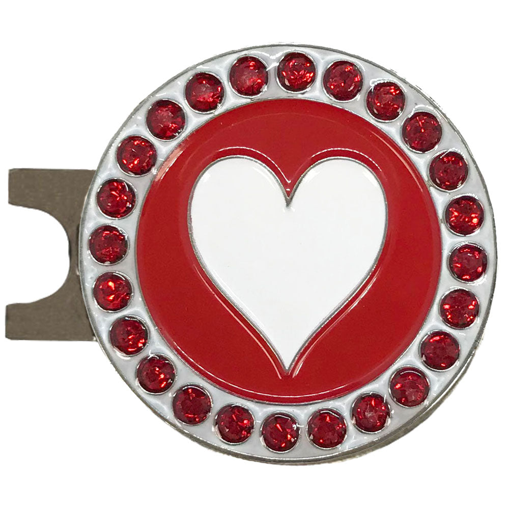 bling red white poker heart golf ball marker on a magnetic hat clip