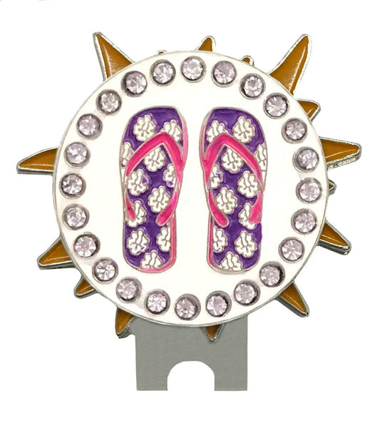 bling purple flip flops golf ball marker on a sun shaped magentic hat clip