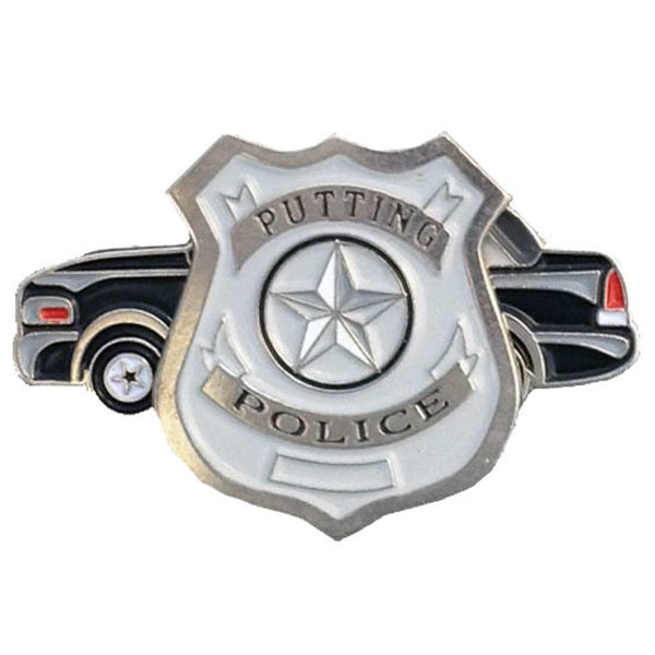putting police golf ball marker on a police car shaped hat clip