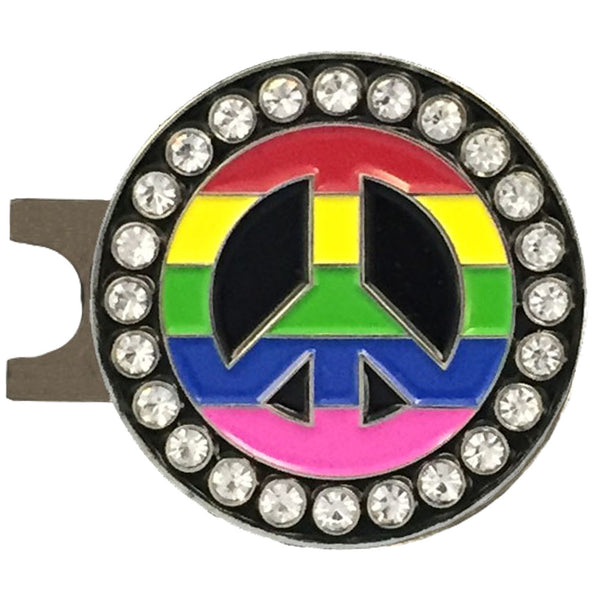 bling rainbow peace sign golf ball marker on a magnetic hat clip