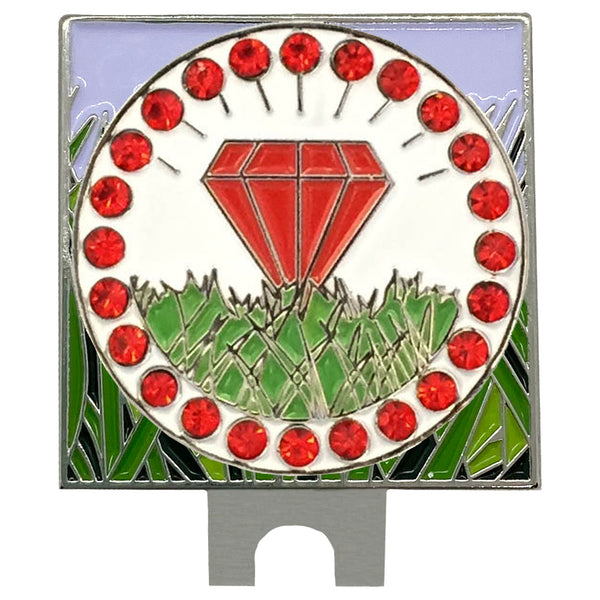 bling red diamond in the rough golf ball marker with a rough (grass) hat clip