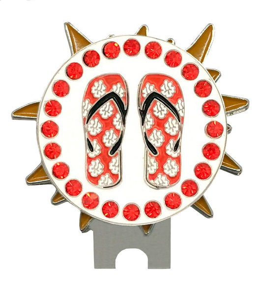 bling red flip flops golf ball marker on a magnetic sun hat clip