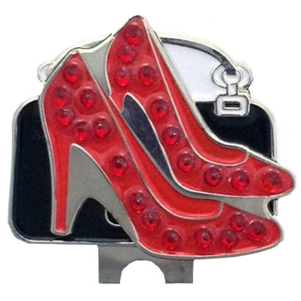 bling red high heels golf ball marker on a black purse hat clip
