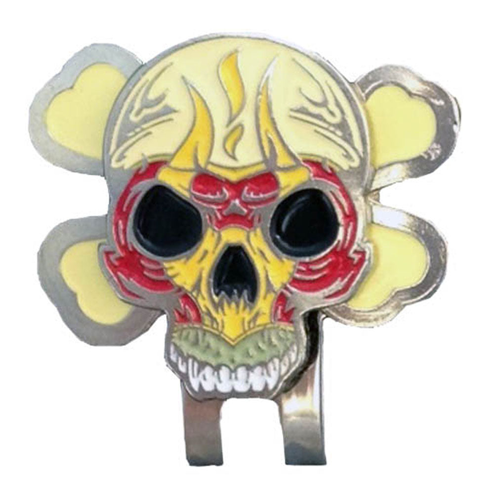 skull shaped golf ball marker on a crossbones shaped hat clip