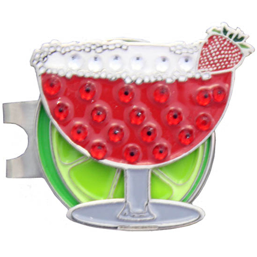 bling strawberry margarita golf ball marker on a lime hat clip