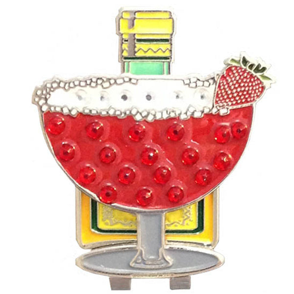 bling strawberry margarita golf ball marker on a tequila bottle shaped hat clip