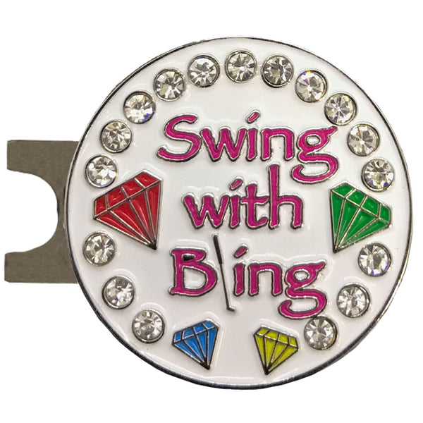 swing with bling golf ball marker with magnetic hat clip