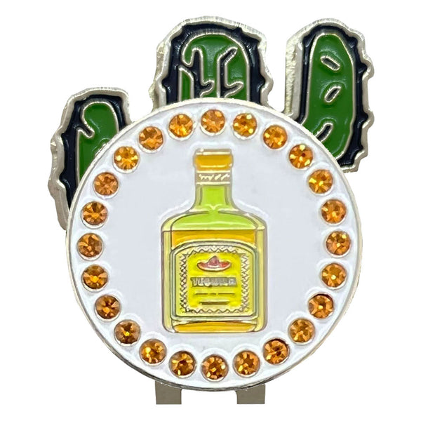 bling tequila bottle golf ball marker on a magnetic cactus shaped hat clip for women