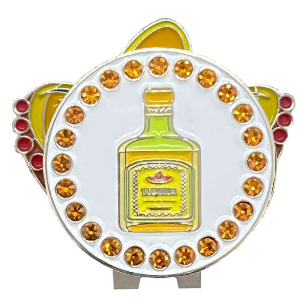bling tequila bottle golf ball marker on a magnetic sombrero shaped hat clip
