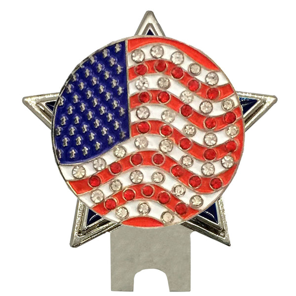 bling usa flag golf ball marker on a blue star shaped hat clip