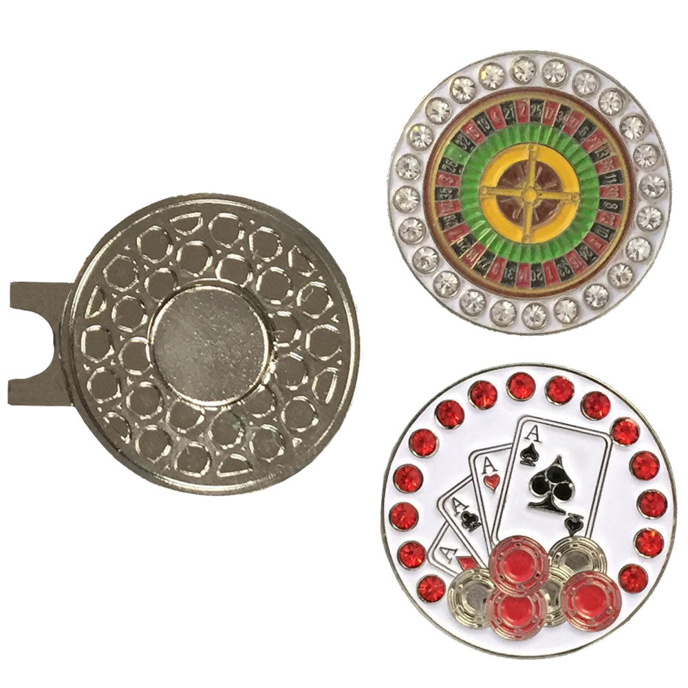 a magnetic hat clip with a bling roulette wheel and a 4 aces golf ball marker