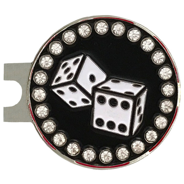 bling black and white dice golf ball marker on a magnetic red poker chip hat clip