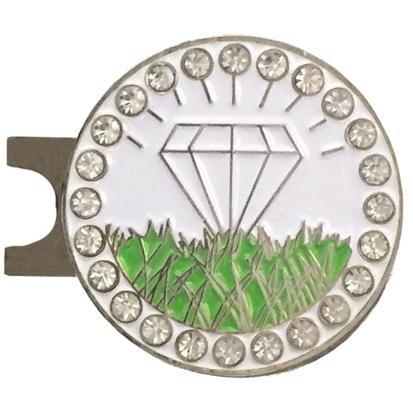 bling white diamond in the rough golf ball marker with a magnetic hat clip