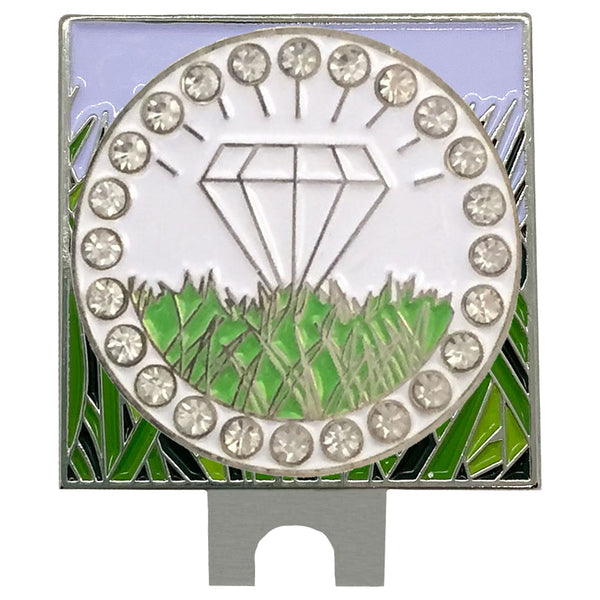 bling white diamond golf ball marker on a magnetic rough (grass) hat clip