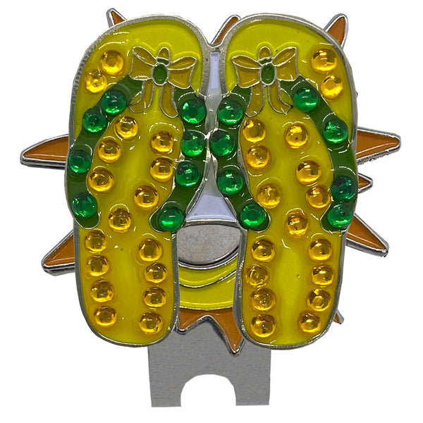 bling yellow green flip flops shaped ball marker on a sun shaped magnetic hat clip