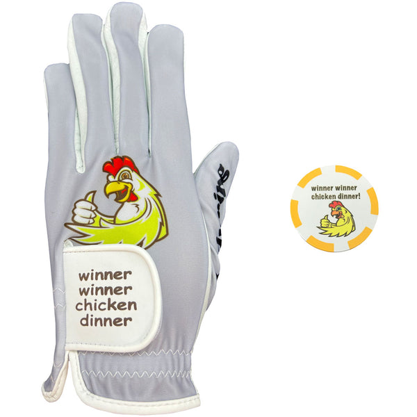 grey winner winner chicken dinner men's golf glove with matching poker chip