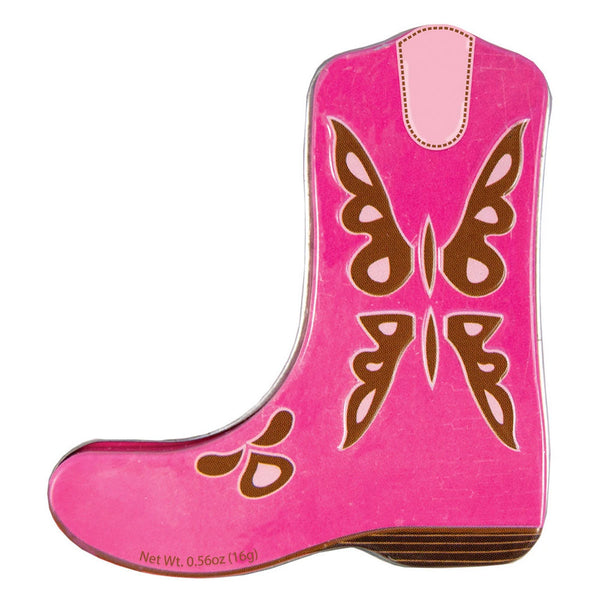 pink and brown cowboy boot shaped mint tin