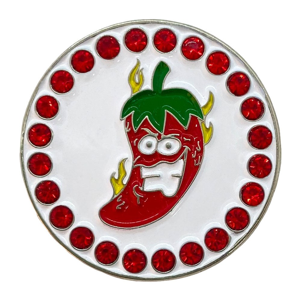 Red chili pepper golf ball marker on white background. Women golfers love the flames and red crystals on this spicy design.