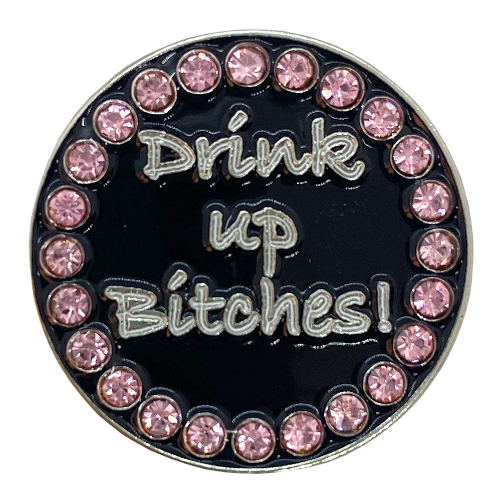 White Drink Up on a black marker with pink crystal accents. A fun and sassy design for female golfers.