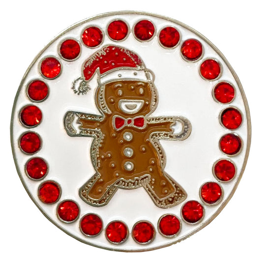 Adorable Gingerbread Man atop a white marker with red crystal accents. A sparkly design for women golfers. Happy holidays