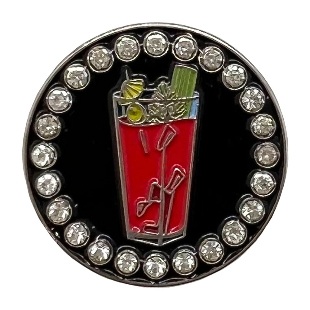 Red Bloody Mary drink on a black background. Crystal accents complete this stylish design. Wonderful for women golfers.