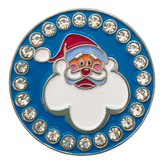 Jolly Santa on blue marker with crystal accents. Festive design is ideal for women golfers. Is your game naughty or nice?