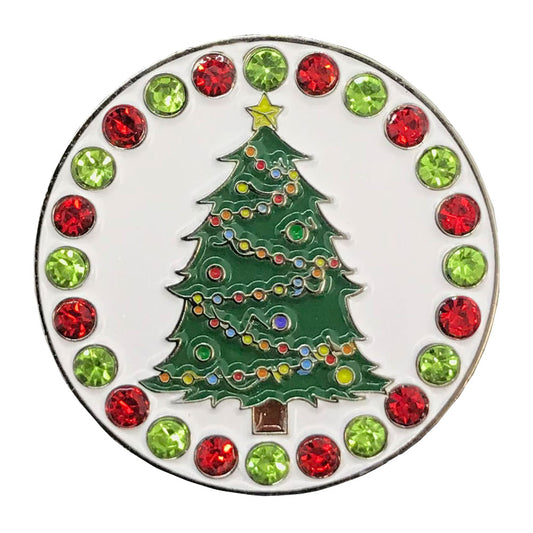 Colorful Christmas Tree ball marker on white background with red and green crystal accents. Sparkly design for women golfers.