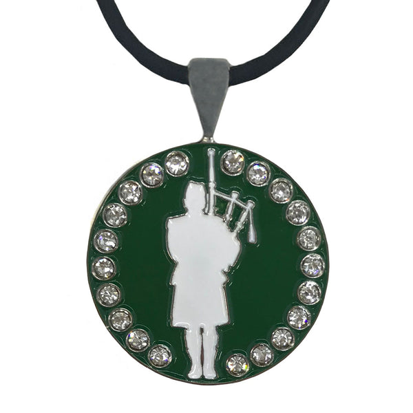bling reen & white bagpiper golf ball marker necklace