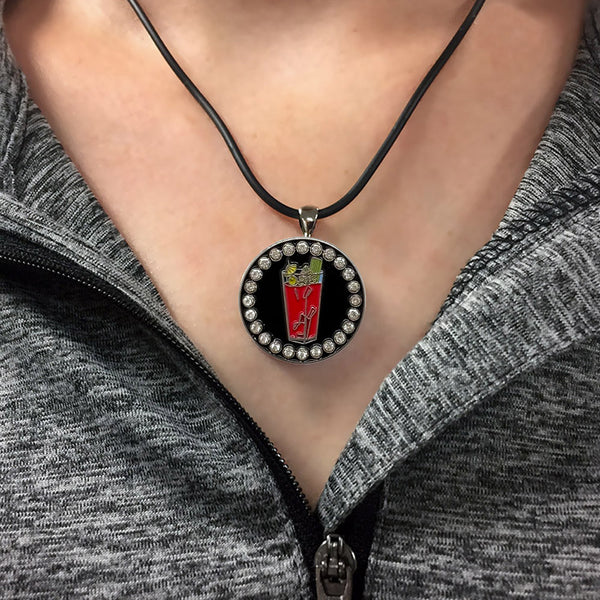Giggle Golf Bling Bloody Mary ball marker neckalce hanging on a woman