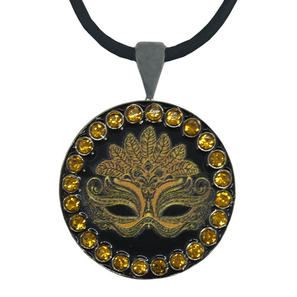 bling black & gold masquerade mask golf ball marker necklace