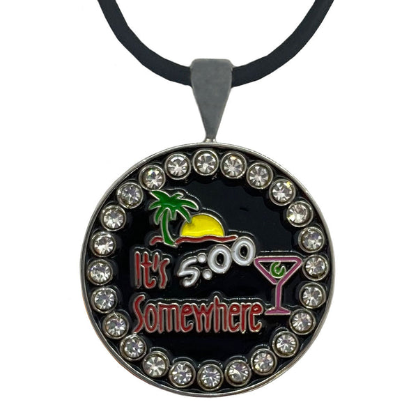 Bling Five O'clock Somewhere Golf Ball Marker On A Magnetic Necklace