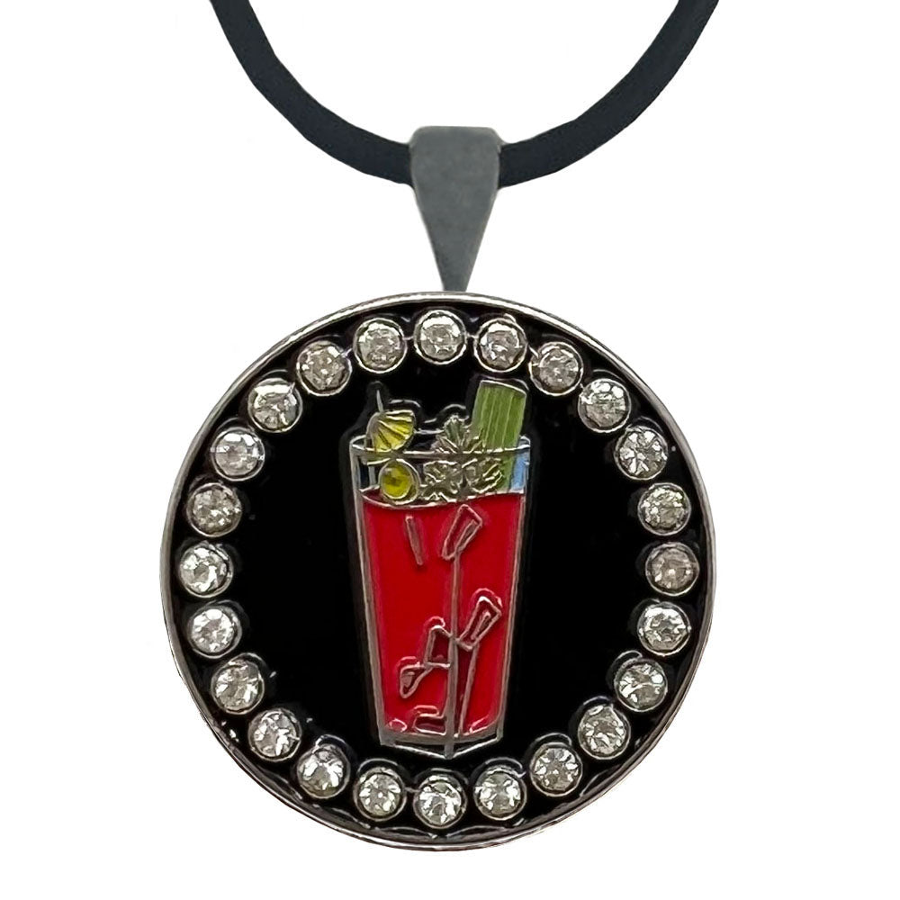 Bloody Mary marker necklace. Red drink on a black background. Crystal accents complete this stylish design for women golfers.